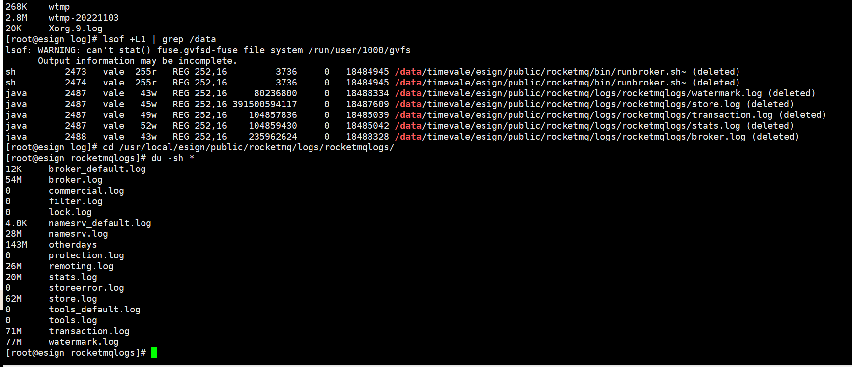lsof +L1 输出显示 deleted 文件